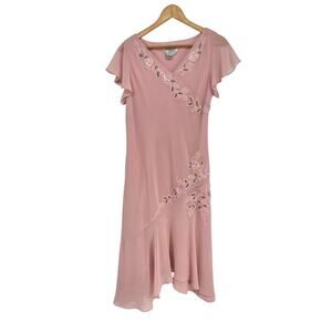 Vintage Papell Pink Beaded Asymmetrical‎ Midi Dress Size 10P Fairy Formal Y2K